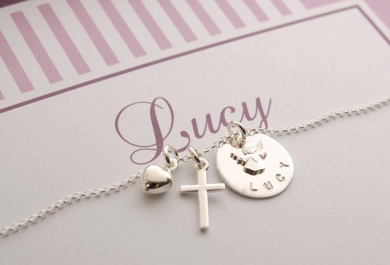 Name Necklace MY LITTE ANGEL with engraving Angel Cross Heart Gift box Baptism Necklace Baptism jewelry with engraving by Bloomgart image 1