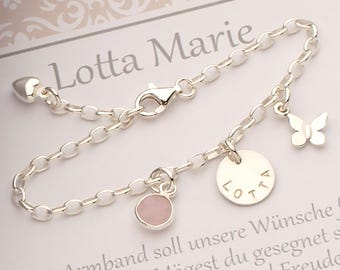 Christening jewellery, name bracelet LOTTA MARIE with engraved name rose quartz butterfly heart 925 silver, personalised by Bloomgart