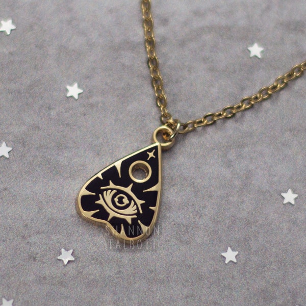 Planchette Necklace, 18k Gold Plated Necklace, Enamel Charm Jewelry, Planchette Goth Charm, Pendant Necklace for Him, Gift for Her Under 35
