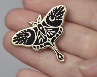 Luna Moth Enamel Pin, Dark Aesthetic Butterfly Pin, Witchy Goth Pin, Celestial Nature Pin, Moon Pin, Lapel Pin, Gift for Her, Gift Under 15