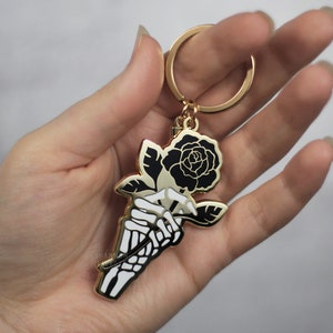 SECONDS SALE Skeleton Hand Keychain, Rose Keychain, Halloween Spooky Goth Keychain, Gift for Friend, Gift for bf, Gift for GF, Gift Under 20