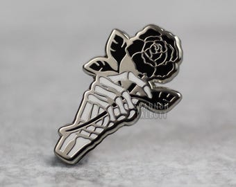 Skeleton Hand Enamel Pin, Rose Flower Enamel Pin, Halloween Pin, Spooky Goth Pin, Gift for Friend, Gift for BF, Gift for GF, Gift Under 15