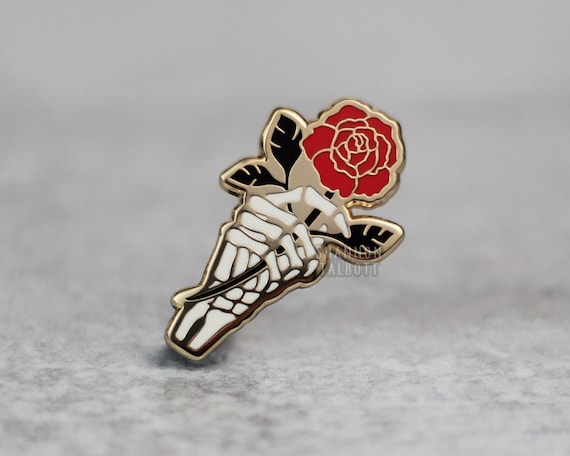 Skeleton Hand Enamel Pin, Rose Flower Enamel Pin, Halloween Pin, Spooky Goth Pin, Gift for Friend, Gift for BF, Gift for GF, Gift Under 15
