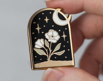 SECONDS SALE Night Sky Flower Enamel Pin, Floral Enamel Pin, Tattoo Pin, Botanical Pin, Plant Lover Pin, Gift For Her, Friend Gift Under 15
