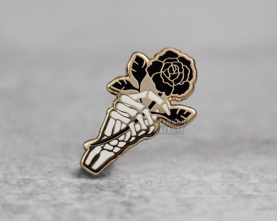 Skeleton Hand Enamel Pin, Rose Flower Enamel Pin, Halloween Pin, Spooky Goth Pin, Gift for Friend, Gift for BF, Gift for GF, Gift Under 15