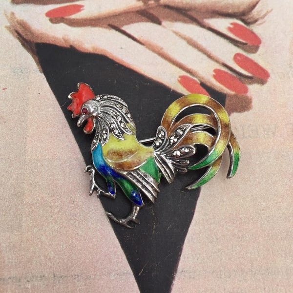 Jahrgang bunten emaillierten Hahn Brosche mit kleinen Markasiten - Sterling Silber, hergestellt in Deutschland
