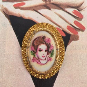 Vintage Cameo Brooch Beautiful Pink Lady in an Elaborate Gold Frame image 1