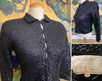 1950s Hand Sequined and Beaded Cardigan by LeRoy Knitwear -- Glittery Sequins, Beautifully Woven Knit, Cute Cropped Fit!