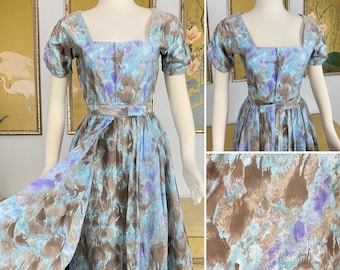 1950s 60s Vintage Watercolor Print Cotton Dress Set with Matching Belt and Overskirt -- Lovely Soft Colors!