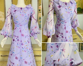 1970s 80s Vintage Purple Floral Dress -- Ruffled Details and Sheer, Delicate Bishop Sleeves!