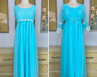 Vintage Nightgown and Robe Peignoir Set by Radcliffe -- Vibrant Shade of Aqua in Sheer Nylon!