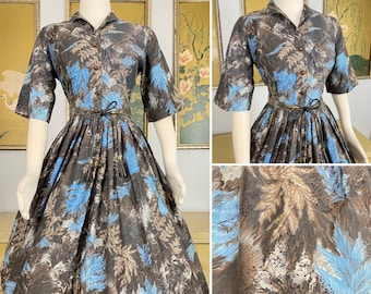 1950s Vintage Novelty Botanical Print Shirtwaist Dress with Original Tie Belt -- Cool Cotton, Great Print!