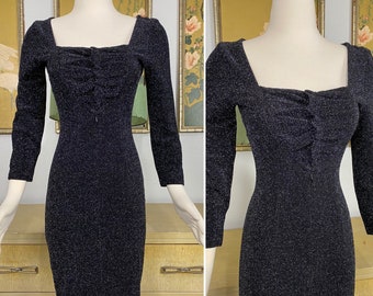 1990s Vintage Black and Silver Sparkle Dress by Scott McClintock -- Curve Hugging Stretch Fabric with Ultra Flattering Neckline!