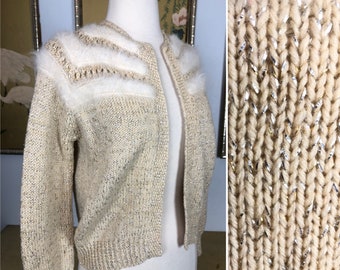 1950s Lurex Knit Cropped Cardigan Sweater with Angora Trim -- So Sparkly and Glamorous!