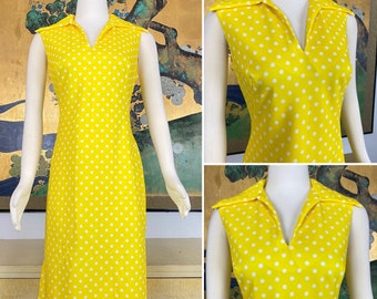 1970s Vintage Yellow and White Polka Dot Dress -- Huge, Fun Collar!