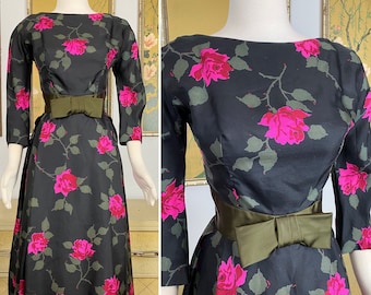 1950s Vintage Rose Print Party Dress with Bow Accented Waist -- Impeccably Tailored and Beautifully Constructed!