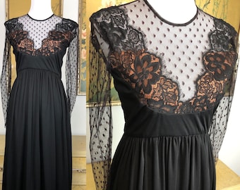 1970s Lace Illusion Party Dress by Victor Costa -- Elaborate Neckline and Sheer Sleeves!