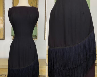 1960s Vintage Black Dress with Fringe Details by Sue Leslie of California -- Lovely but in Need of TLC!