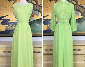 1960s 70s Vintage Maxi Dress and Matching Cover Up -- Vibrant Shade of Green with Pretty Embroidered Trim!