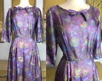 1950s Vintage Silk Dress by Carol Lee -- Delicate Floral Watercolor Style Design in Shades of Purple, Blue, Green, and Pink