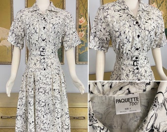 1980s Vintage Black and White Sheer Floral Dress by Paquette Too! -- Dainty Floral Print, Original Belt Included!