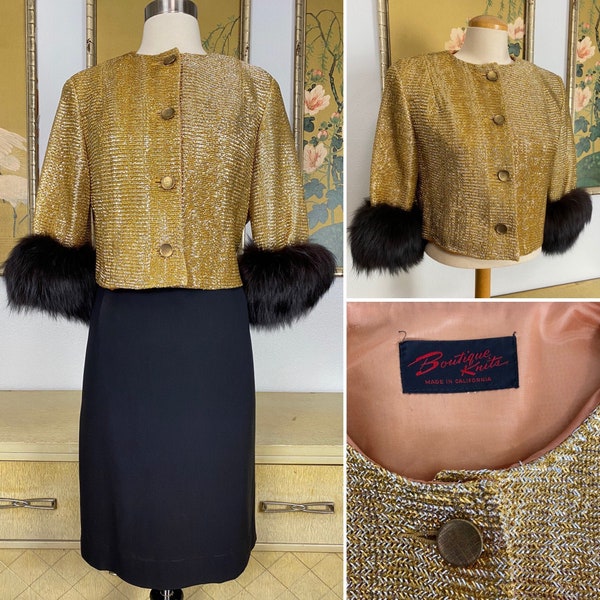 1950s 60s Cropped Lurex Jacket by Boutique Knits, Made in California -- Gorgeous Gold and Silver Shimmer and Fur Trimmed Cuffs!