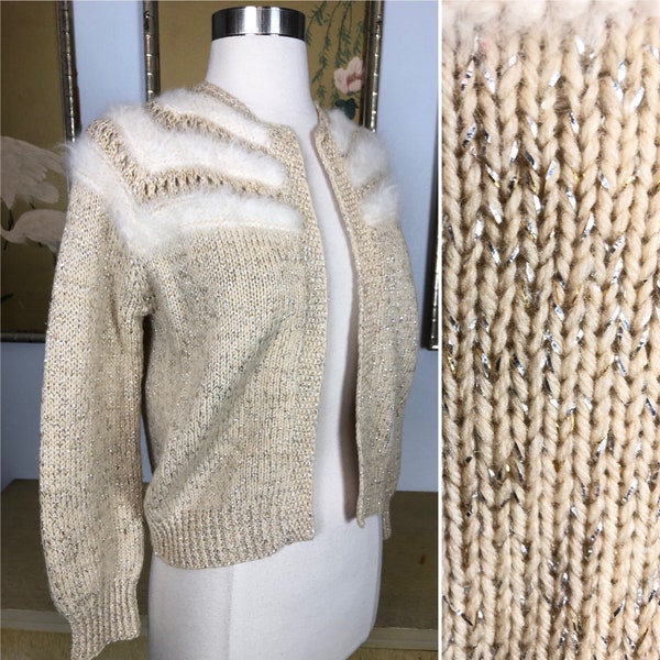 1950s Lurex Knit Cropped Cardigan Sweater with Angora Trim -- So Sparkly and Glamorous!