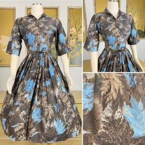 1950s Vintage Novelty Botanical Print Shirtwaist Dress with Original Tie Belt -- Cool Cotton, Great Print!