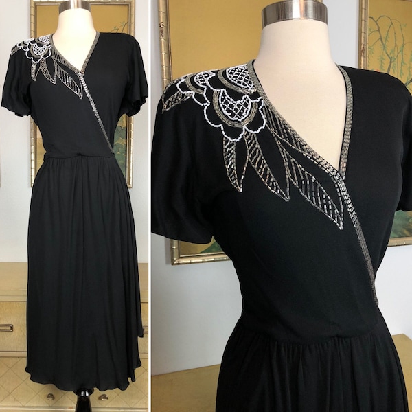 1970s does 1940s Vintage Beaded Wrap Dress -- Sparkling Beaded Floral Design!