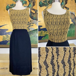 1950s 60s Vintage Gold Lurex and Black Knit Dress -- Fabulous Curve Hugging Fit!