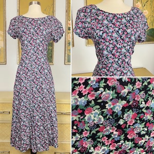 1990s Vintage Rayon Floral Print Dress by High Fashion USA -- Delicate dark Floral Print!