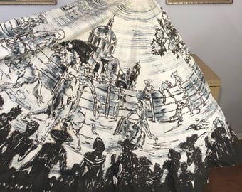1950s Vintage Hand Painted and Sequined Mexican Circle Skirt -- Dramatic Rodeo Scene Surrounded by Cheering Crowd!