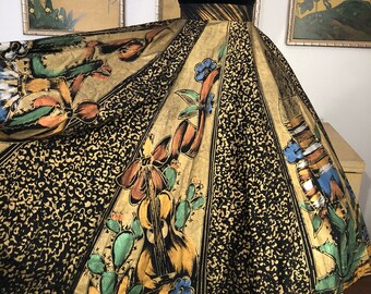1950s Hand Painted Mexican Circle Skirt -- Rich Cotton and Glowing Metallic Paint