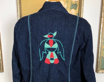 1970s Embroidered Denim Jacket by Kemington Express -- Fantastic Thunderbird Design on Back!