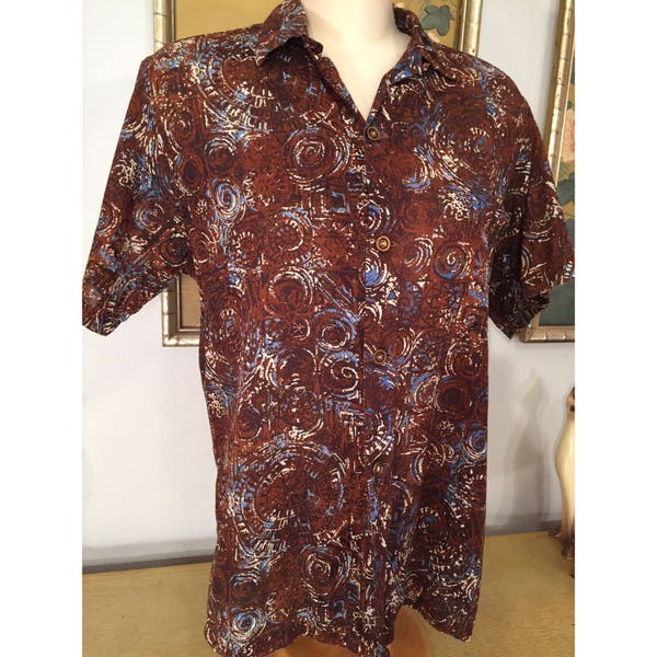 1960s Men's Hawaiian Shirt by Nani's of Hawaii -- Lightweight Cotton in Beautiful Batik Print