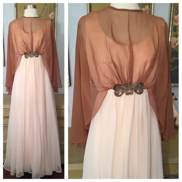 1960s 70s Evening Gown by Emma Domb -- Sheer Chiffon Layers Accented by Shimmering Beadwork