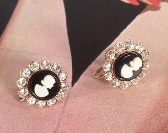 Vintage Cameo Earrings by Coro -- Black and White Cameos with Sparkling Rhinestone Frames