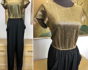 1980s Gold and Black Scoop Back Jumpsuit -- Wonderful Deep Pockets!