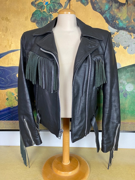 1990s Vintage Leather Fringed Motorcycle Jacket b… - image 2