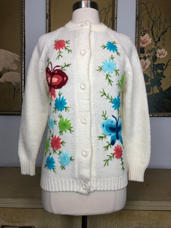 1980s Acrylic Butterflies and Flowers Cardigan No… - image 3