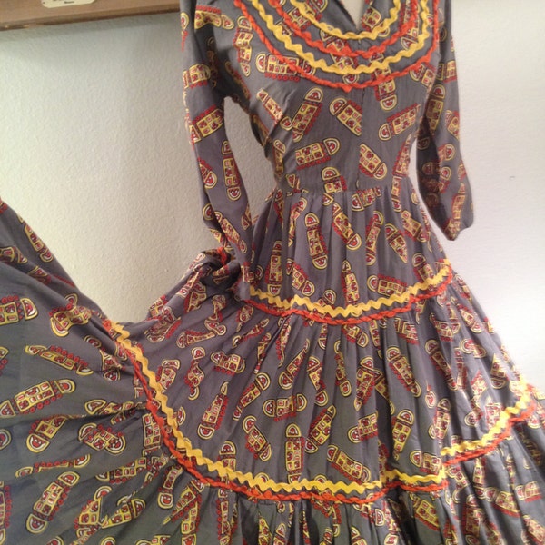 1950s Grey Novelty Print Squaw Patio Dress--Colorful and Unusual