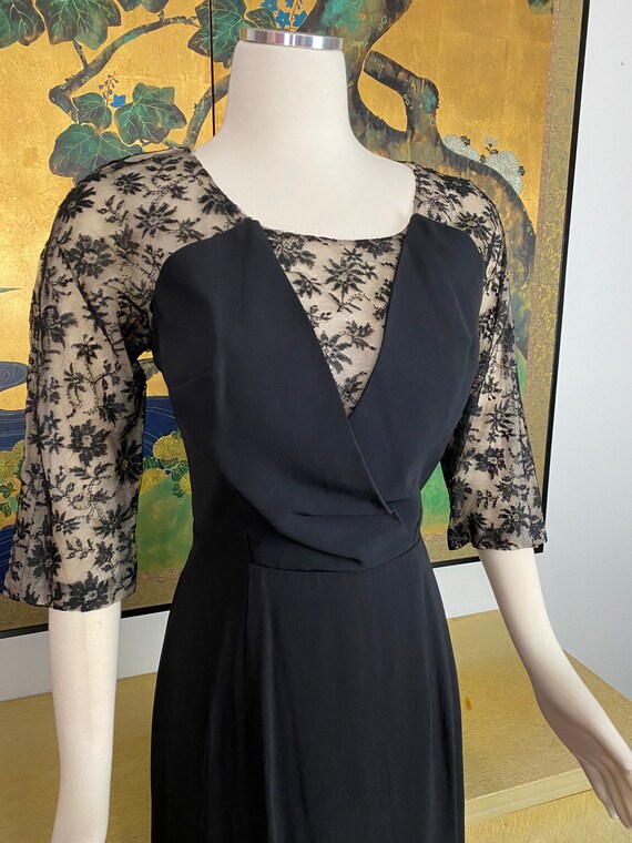 1940s Vintage Black Rayon Dress with Lace Illusio… - image 4