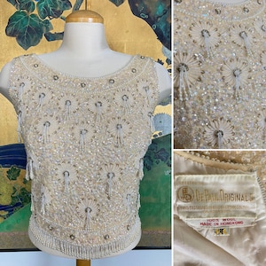 1960s Vintage Sequined and Beaded Knit Cropped Sweater Top by DePaul Originals -- Sparkling Sequins, Glass Beads, and Pearls!