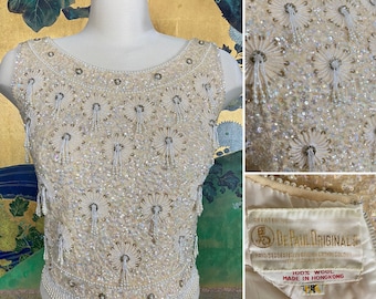 1960s Vintage Sequined and Beaded Knit Cropped Sweater Top by DePaul Originals -- Sparkling Sequins, Glass Beads, and Pearls!