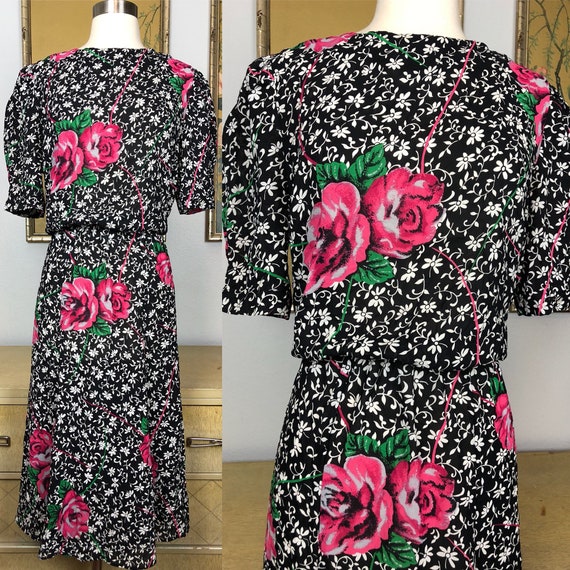 1990s Vintage Rose Print Dress by Joy Gordon -- S… - image 1