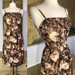 1960s Vintage Silk Dress -- Delicate Floral Watercolor Style Design in Shades of Brown, Cream, and Beige