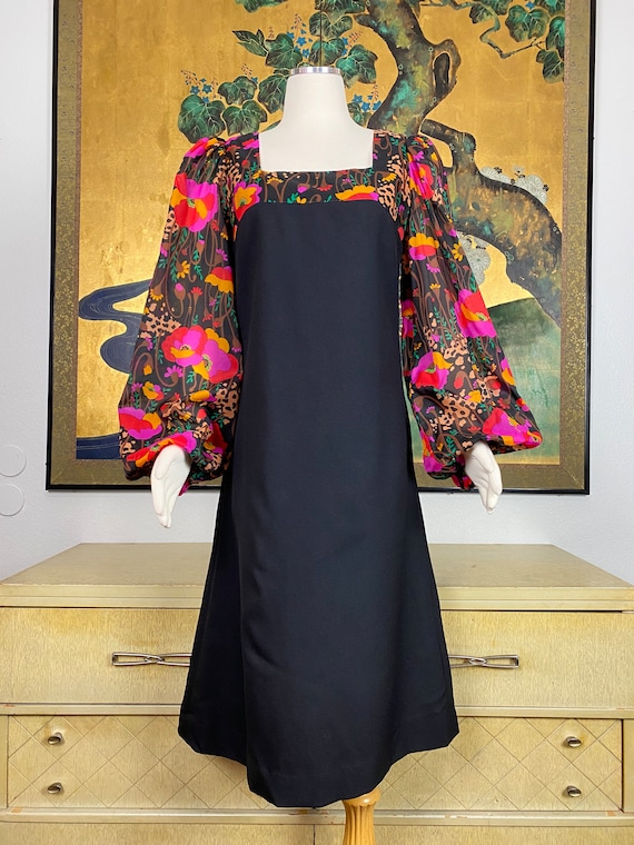 Vintage Floral Print Black Dress - M main image 1