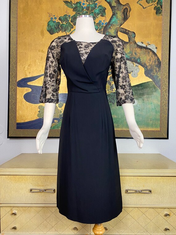 1940s Vintage Black Rayon Dress with Lace Illusio… - image 2