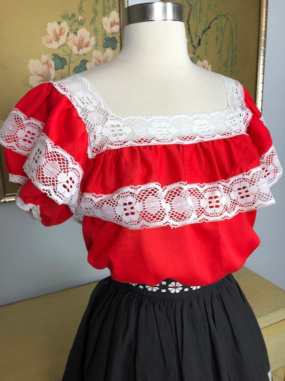 1970s Vintage Red Peasant Blouse -- Delicate Lace