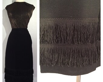 1950s Fitted Black Pencil Skirt with Fringe Details -- Classic Silhouette with some Shimmy
